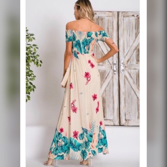 Bold Cream/Green Tropical Print Maxi Dress Romper - Picture 3 of 5